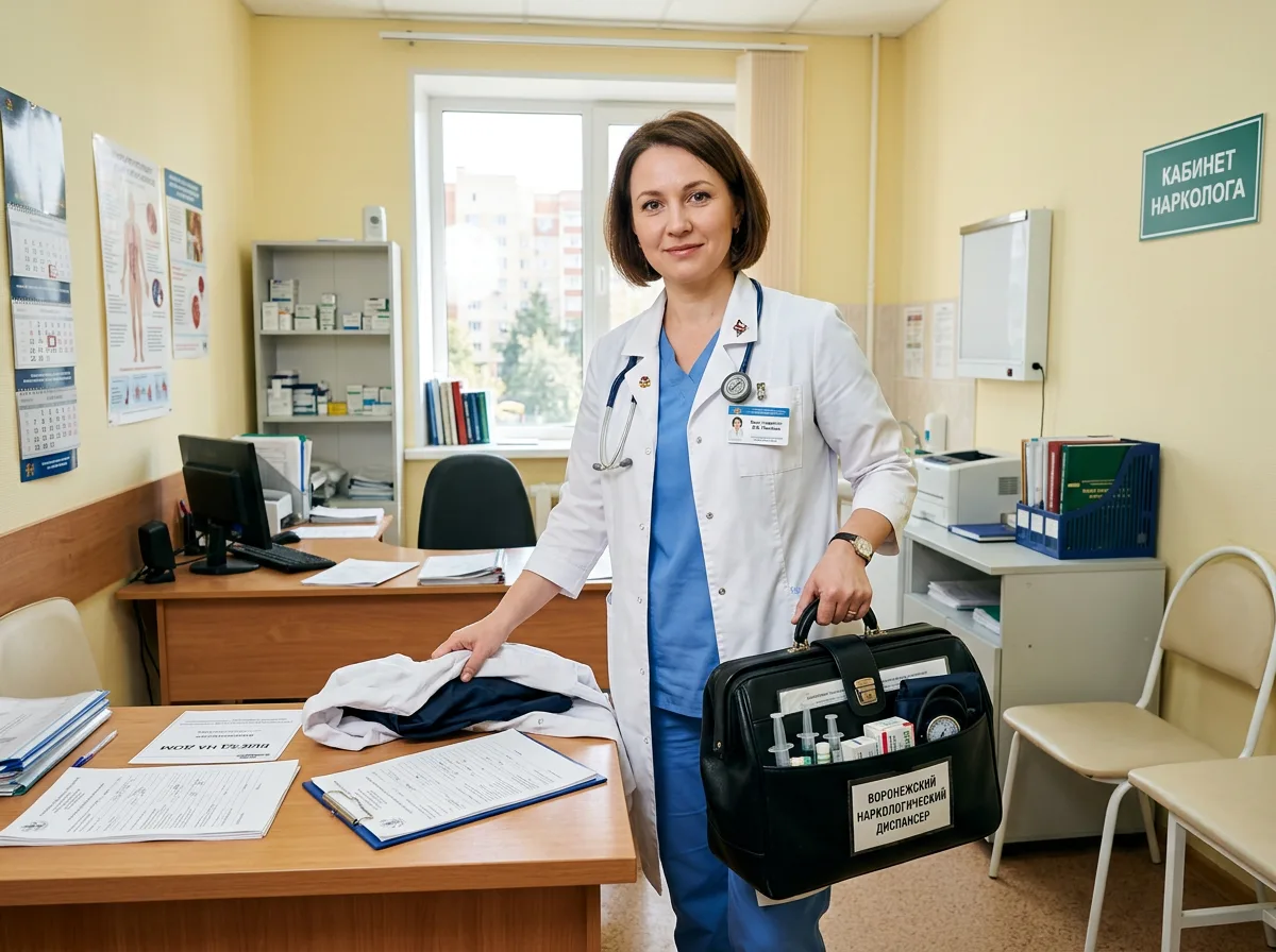 Врач-нарколог в белом халате с медицинским чемоданчиком, готовится к выезду на дом в Воронеже, профессиональный уверенный вид, светлый медицинский кабинет