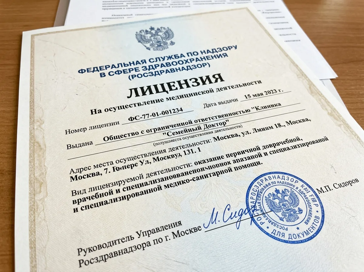 Медицинская лицензия Росздравнадзора на осуществление медицинской деятельности, официальный документ с печатями и подписями, крупный план