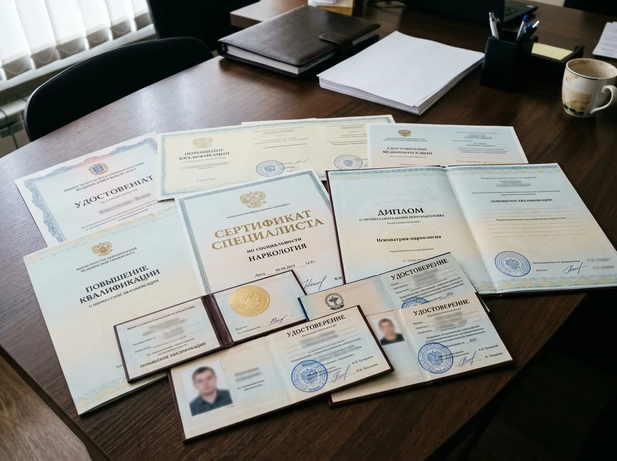 Сертификаты специалистов врачей-наркологов, разложены на столе, дипломы о повышении квалификации, медицинские удостоверения